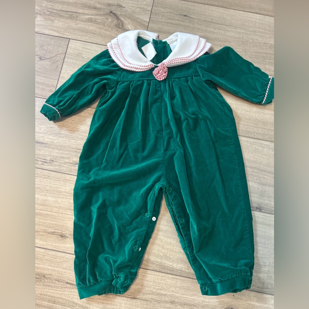 Vintage Velvet Girls Romper Christmas Layered Collar Candycane Piping Holiday 3